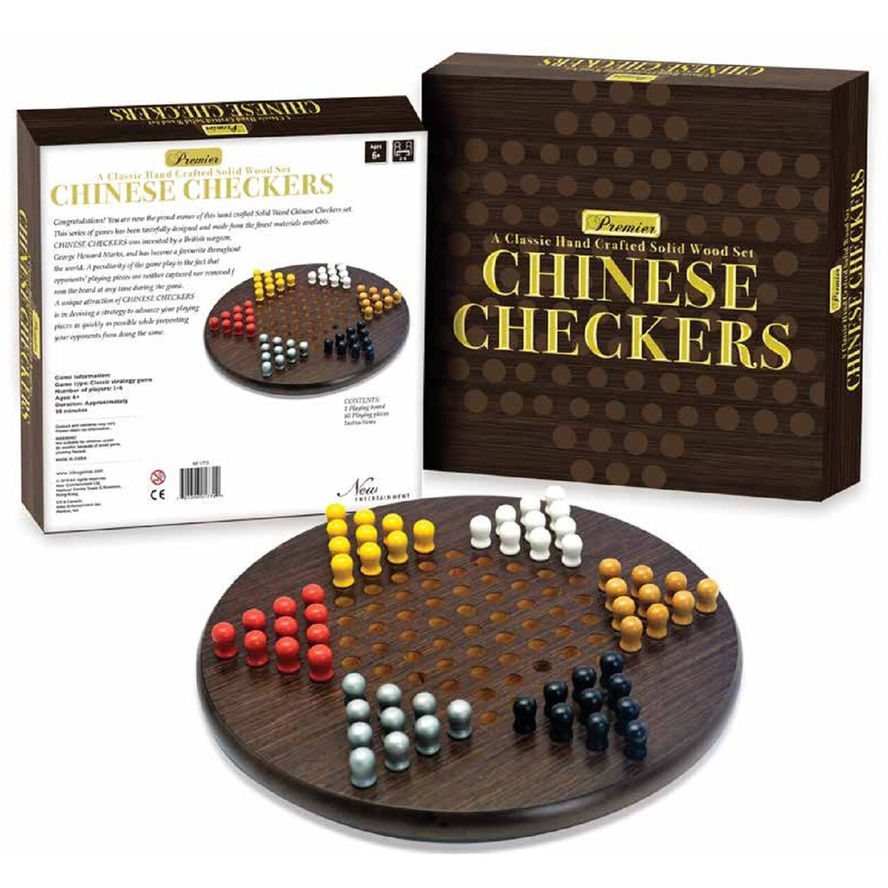 Intex Entertainment Premier Chinese Checkers - Solid Beech Wood Board, Dark Stained Rosewood, Colorful Pegged Pieces, Strategy Game for Ages 6+